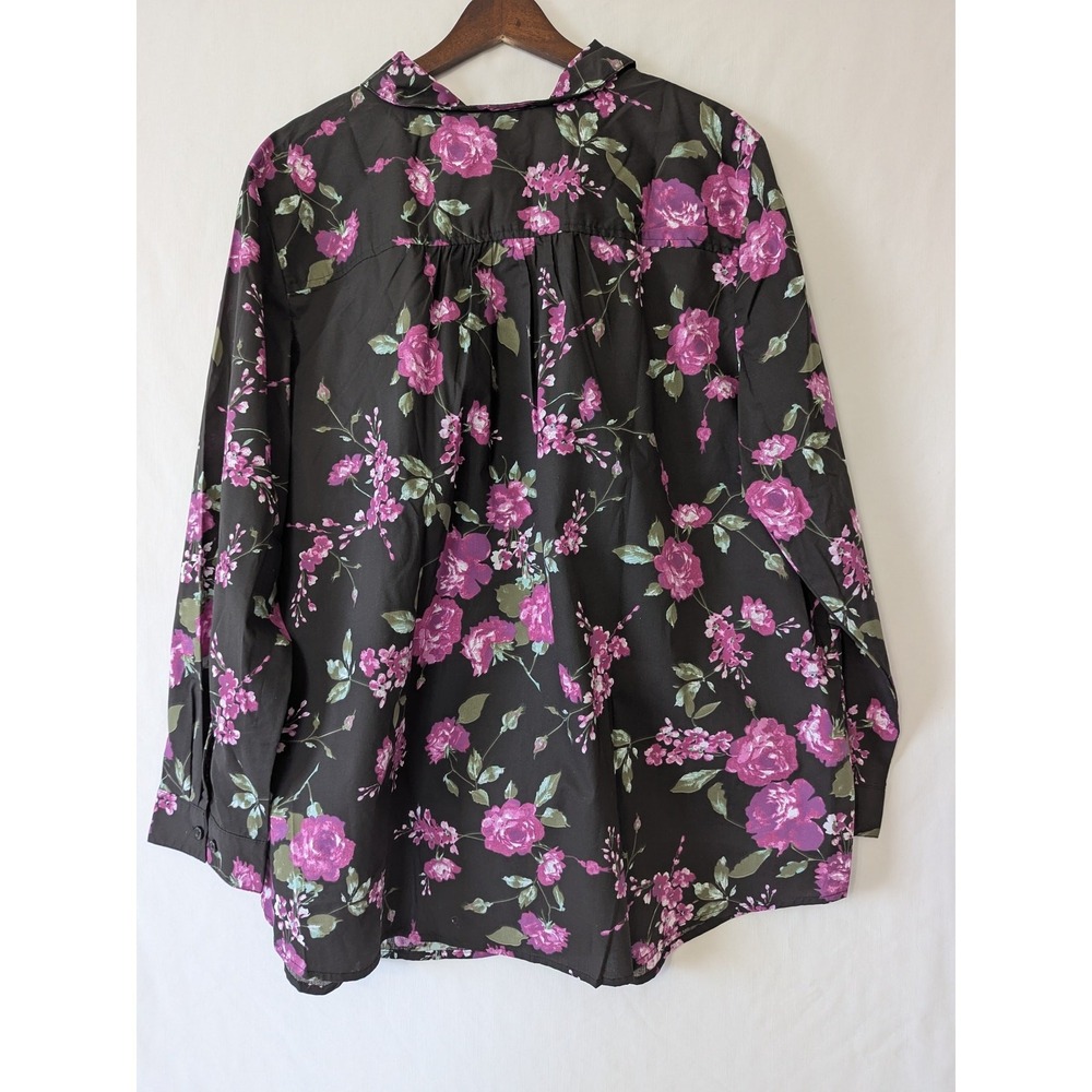 Roamans Womens Dark Floral Button Up Shirt Plus Size 26W Black Pink Long Sleeves - Picture 2 of 8